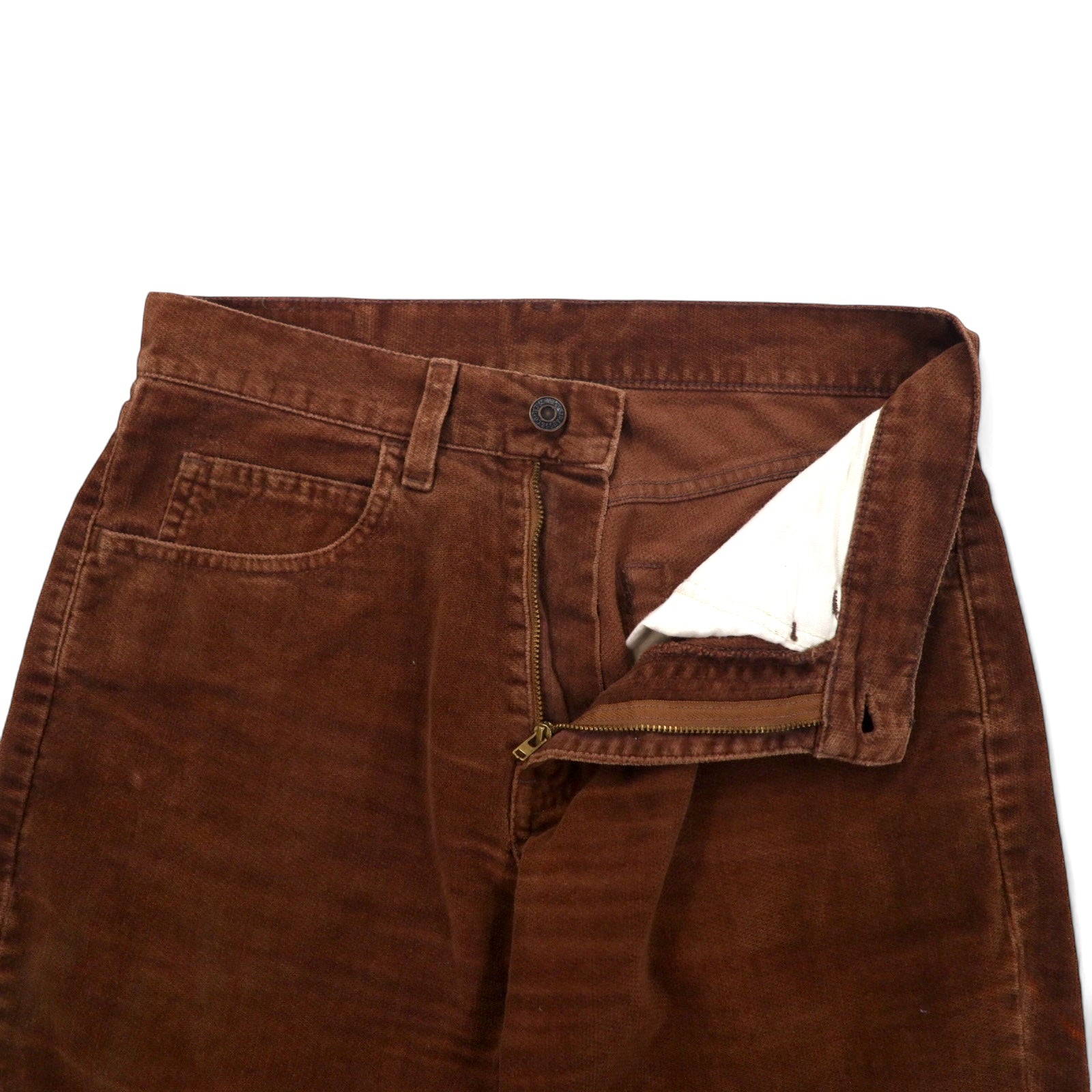 Levi's Made in Italy anni '90, pantaloni bootcut svasati in velluto, taglia 29, marroni, in cotone, etichetta bianca, small "e", chiusura con cerniera, bottone interno I13 525-6328