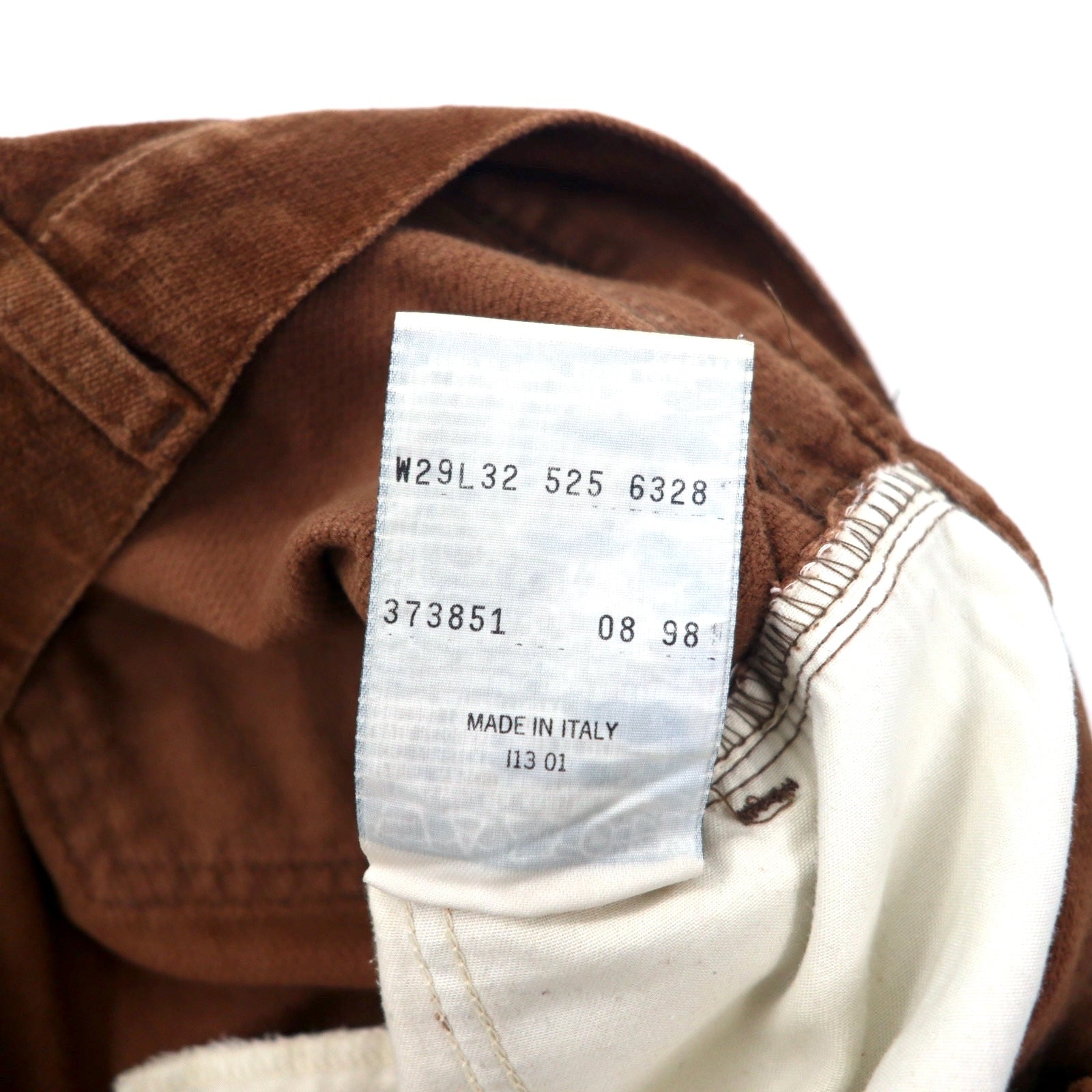 Levi's Made in Italy anni '90, pantaloni bootcut svasati in velluto, taglia 29, marroni, in cotone, etichetta bianca, small "e", chiusura con cerniera, bottone interno I13 525-6328