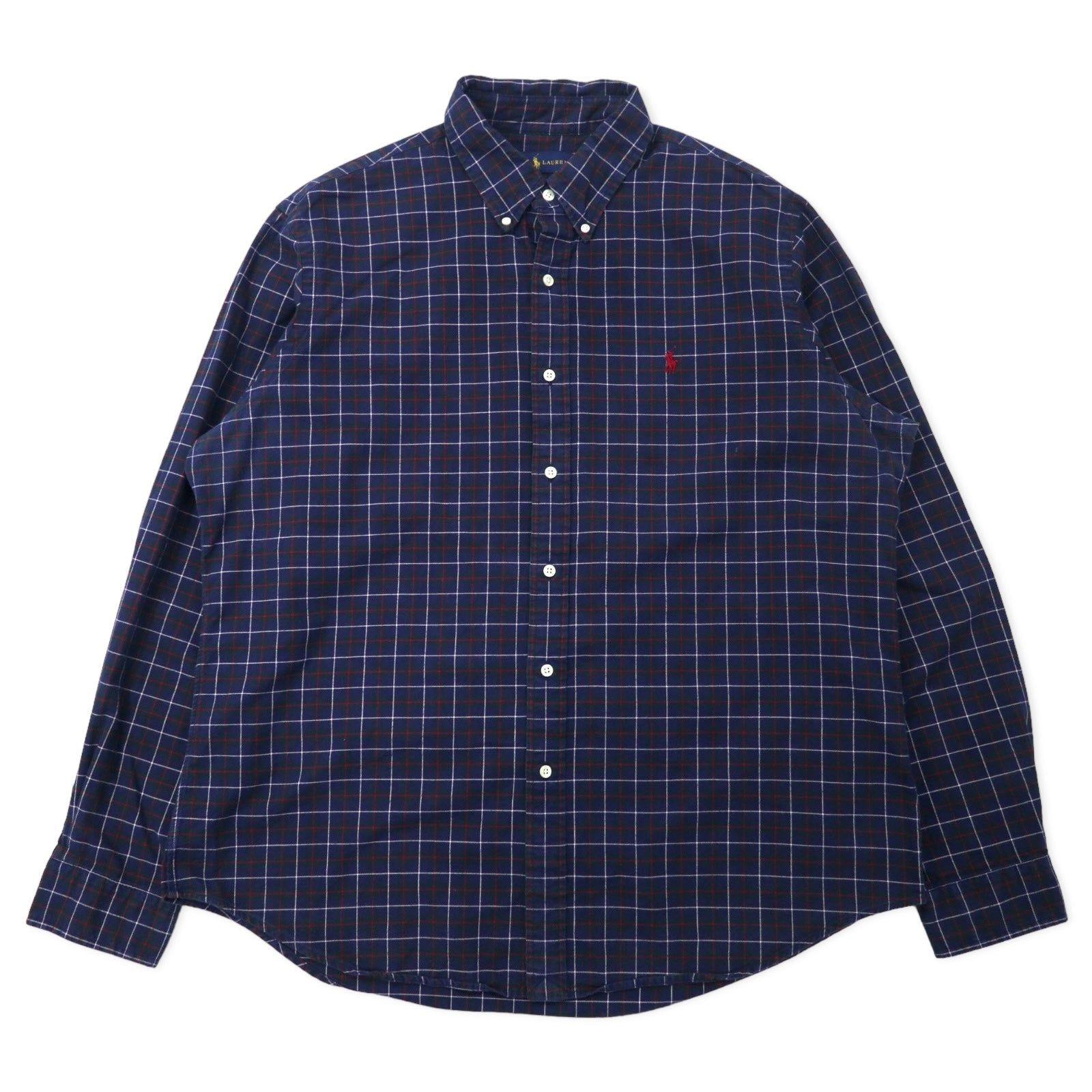 RALPH LAUREN Camicia button-down XL, blu navy, a quadri, in cotone, con ricamo piccolo pony