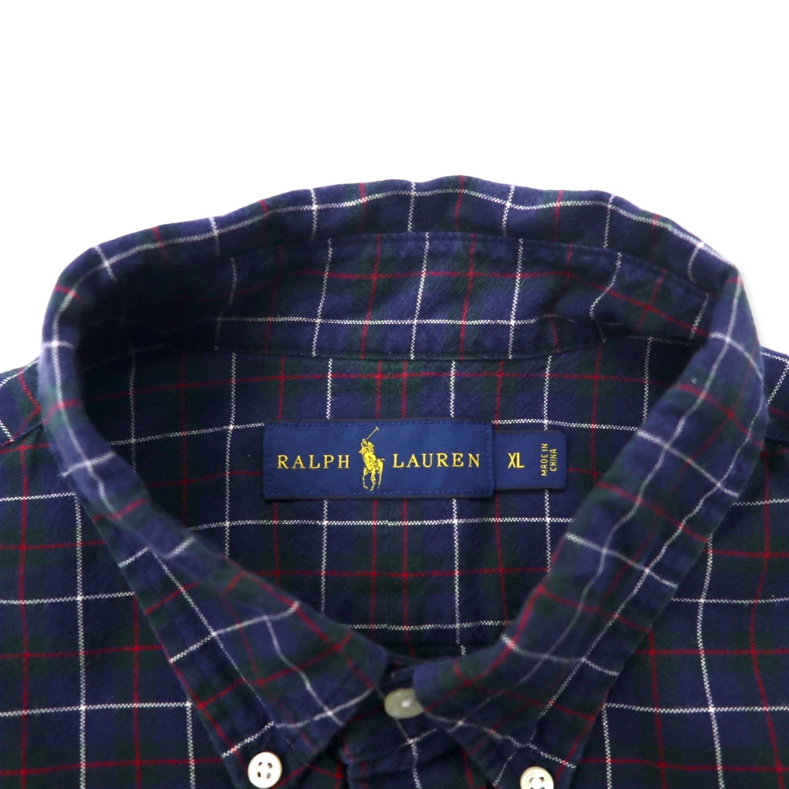 RALPH LAUREN Camicia button-down XL, blu navy, a quadri, in cotone, con ricamo piccolo pony