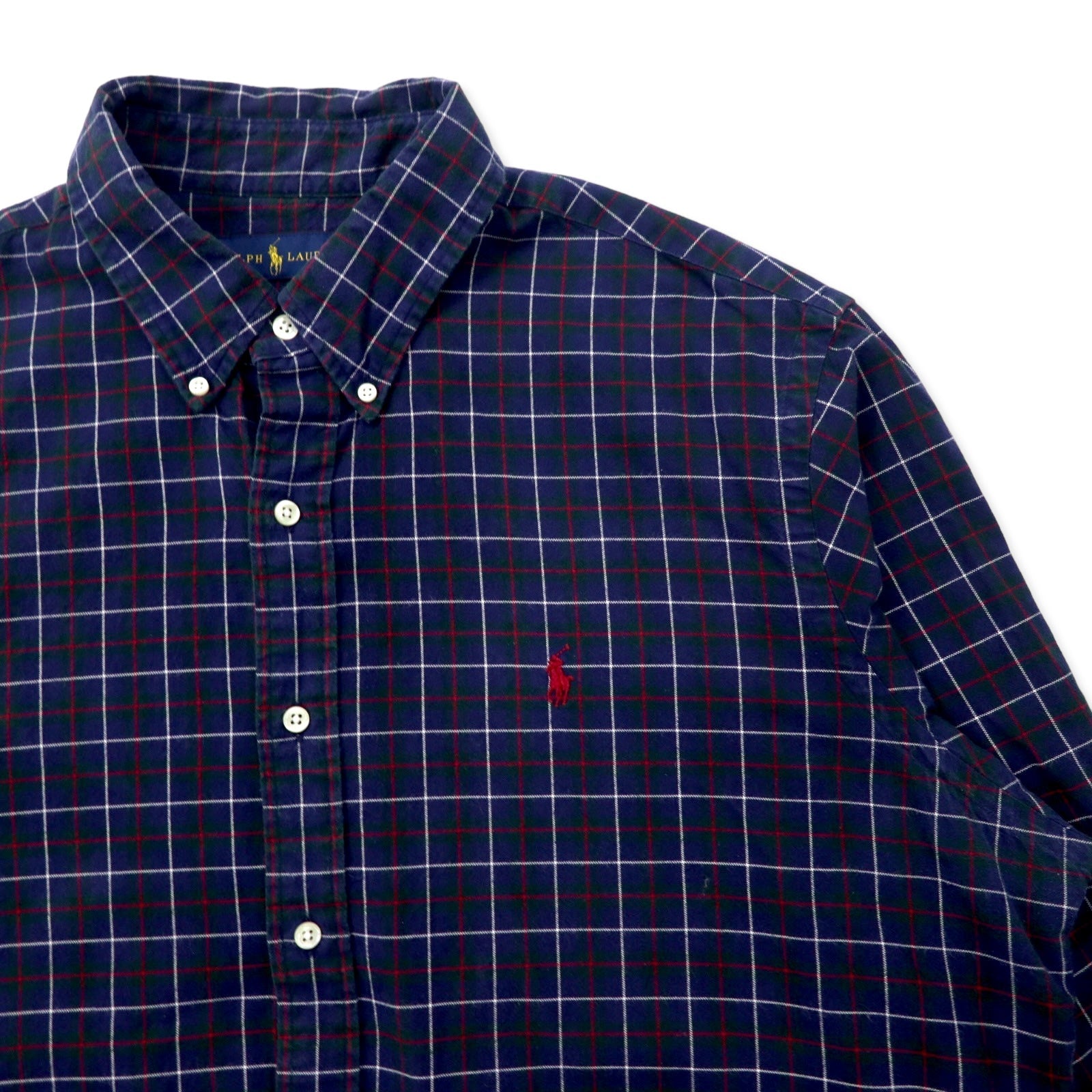 RALPH LAUREN Camicia button-down XL, blu navy, a quadri, in cotone, con ricamo piccolo pony