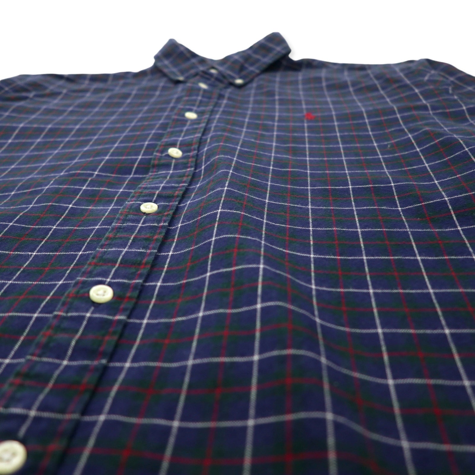 RALPH LAUREN Camicia button-down XL, blu navy, a quadri, in cotone, con ricamo piccolo pony