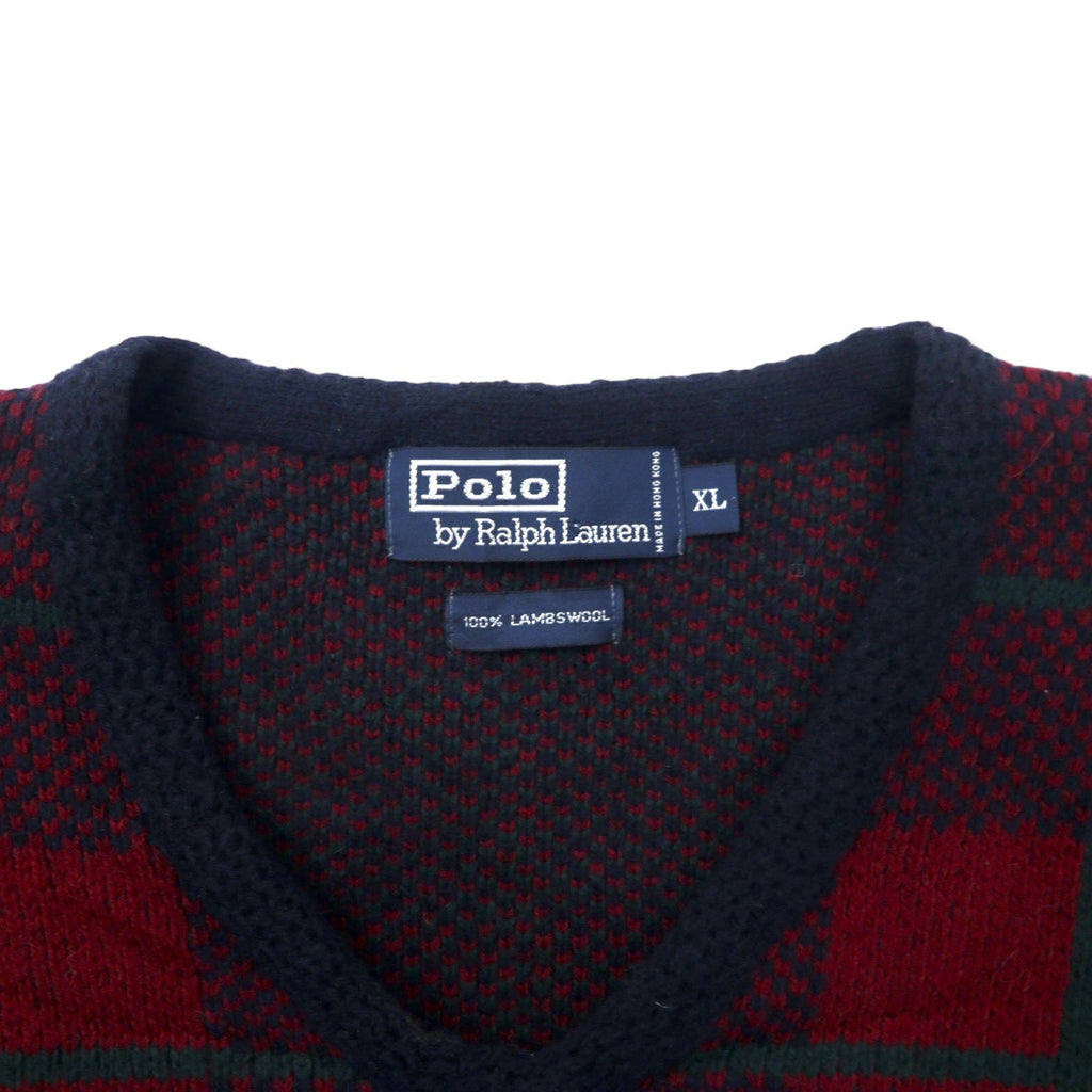 Polo by Ralph Lauren Vネック ニット セーター XL ネイビー チェック ラムウール