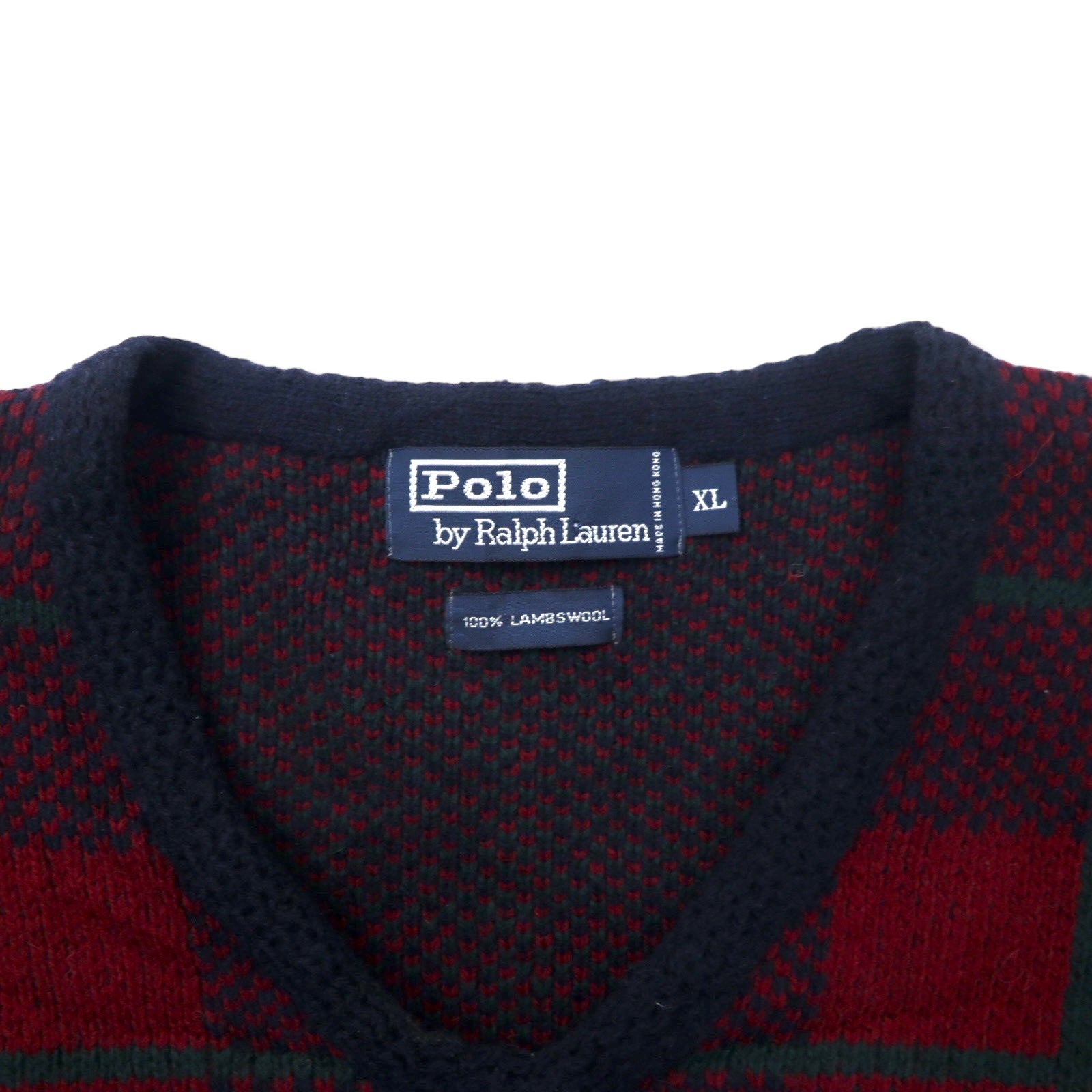 Polo by Ralph Lauren Vネック ニット セーター XL ネイビー チェック ラムウール