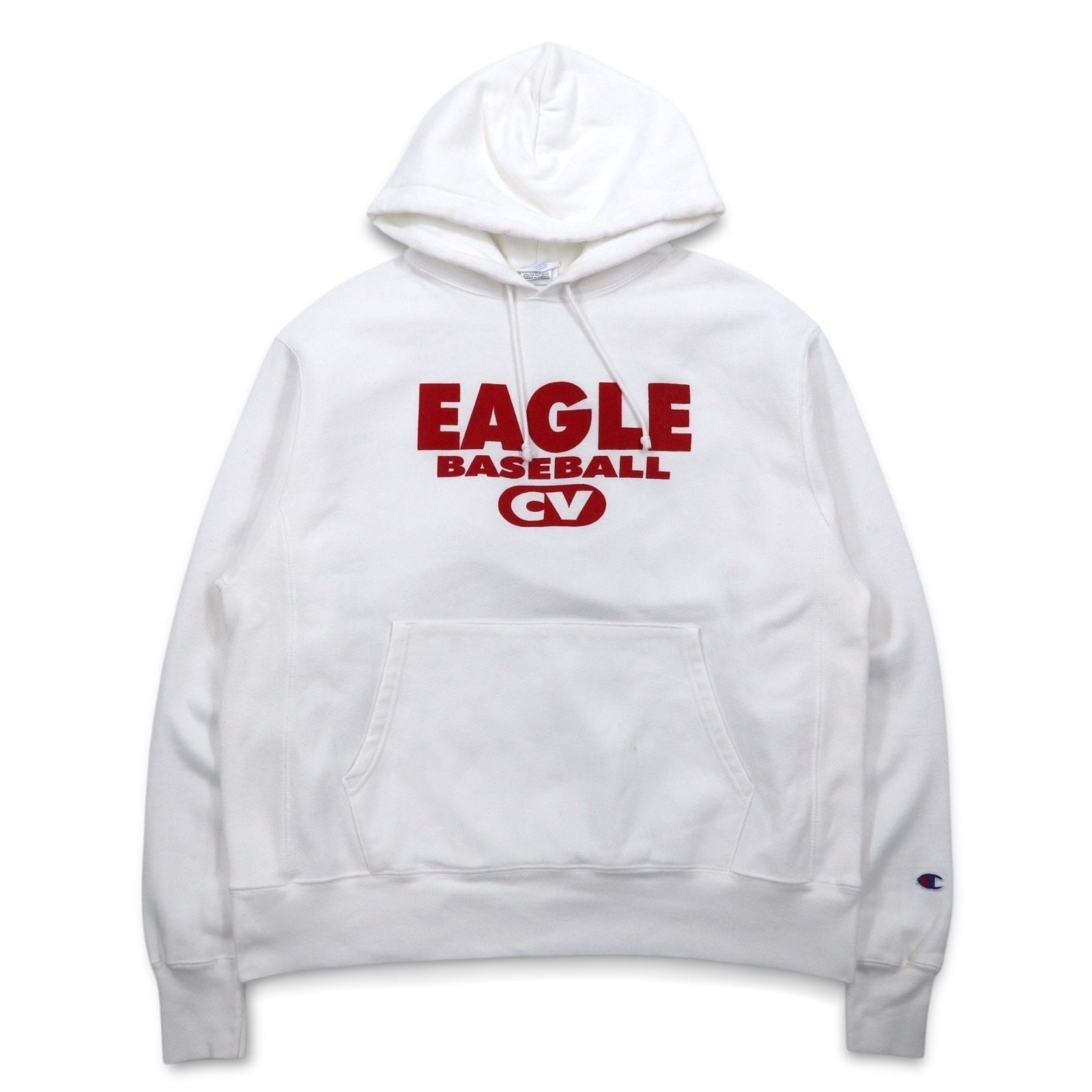 Champion Reverse Weave Felpa con Cappuccio Pullover 2XL Bianca Cotone Felpata Internamente Aquila Baseball Etichetta Blu Replica Made in Honduras