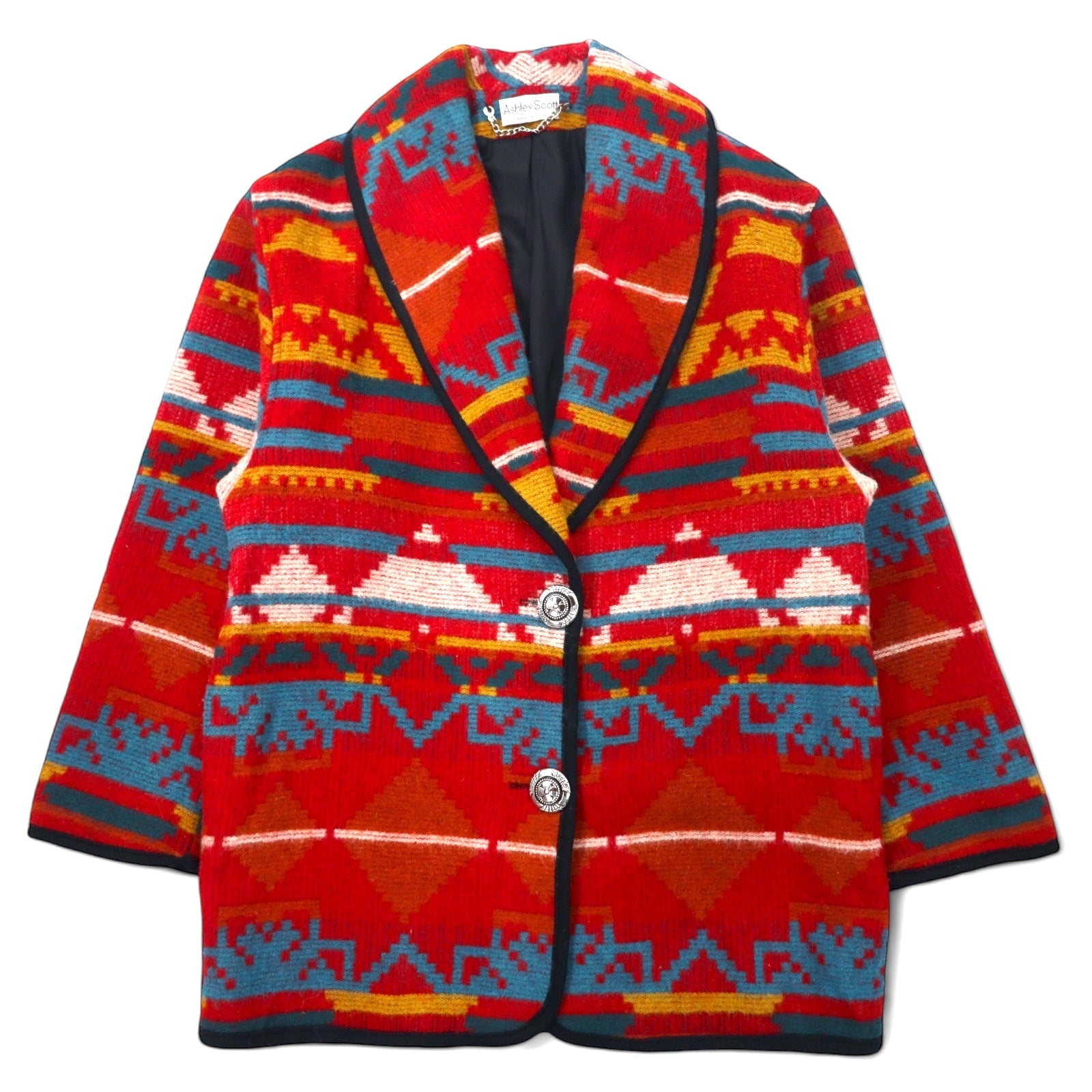 USA, anni '80, Ashley Scott, motivo Chimayo, scialle, giacca in lana, taglia XL, rosso, nativo americano, bottoni con concho