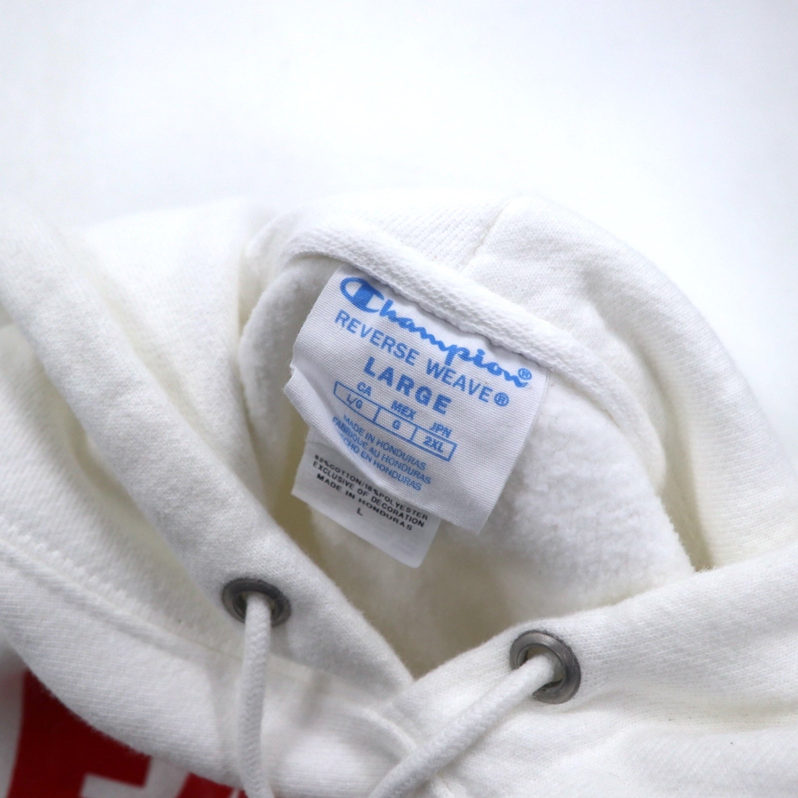 Champion Reverse Weave Felpa con Cappuccio Pullover 2XL Bianca Cotone Felpata Internamente Aquila Baseball Etichetta Blu Replica Made in Honduras
