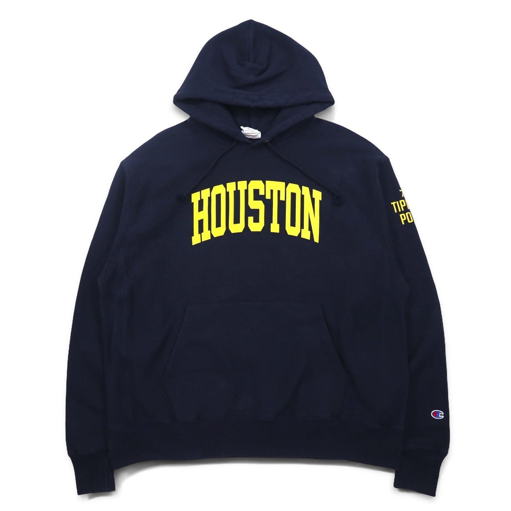 Champion Reverse Weave Felpa con cappuccio pullover 3XL blu navy cotone interno felpato HOUSTON logo ad arco etichetta blu singola riedizione Prodotto in Honduras