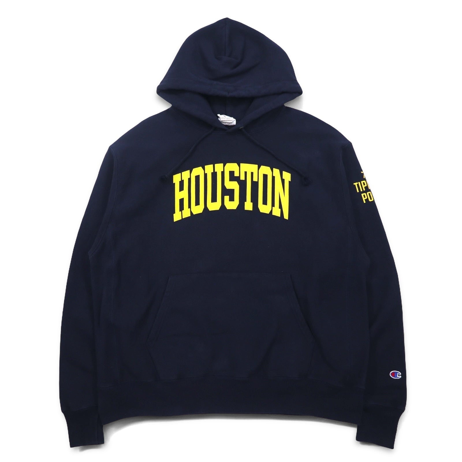 Champion Reverse Weave Felpa con cappuccio pullover 3XL blu navy cotone interno felpato HOUSTON logo ad arco etichetta blu singola riedizione Prodotto in Honduras