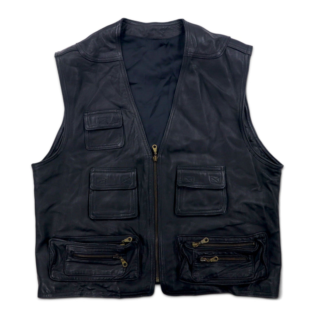 Gilet da caccia vintage in pelle, taglia L, nero, con cerniera lampo