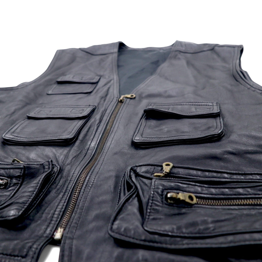 Gilet da caccia vintage in pelle, taglia L, nero, con cerniera lampo