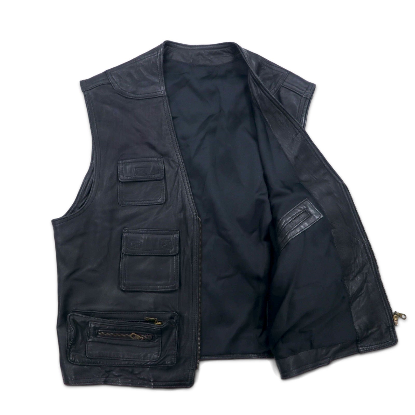 Gilet da caccia vintage in pelle, taglia L, nero, con cerniera lampo