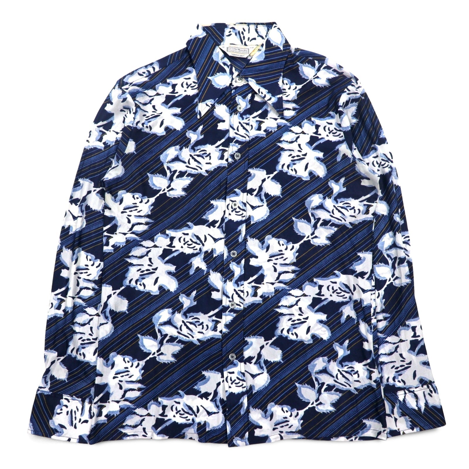Sears 70年代 カナダ製 ロングカラー 総柄シャツ ポリシャツ L ネイビー 花柄 衿芯 CHEMISE SPORT