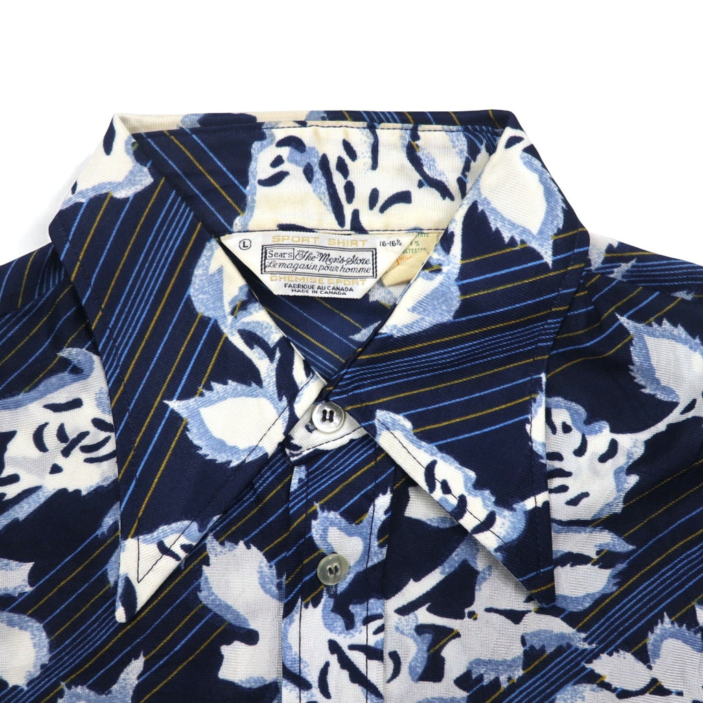 Sears 70年代 カナダ製 ロングカラー 総柄シャツ ポリシャツ L ネイビー 花柄 衿芯 CHEMISE SPORT