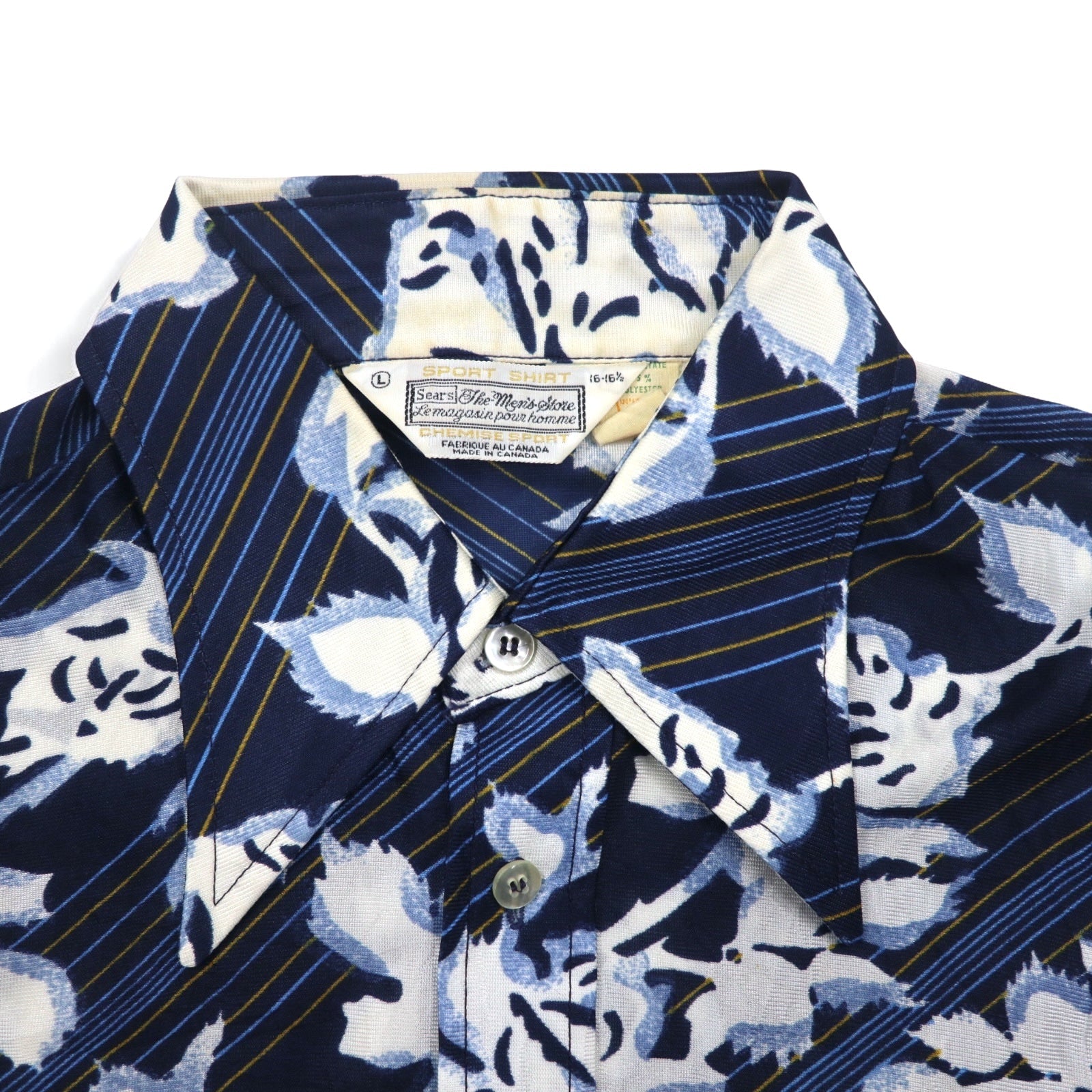 Sears 70年代 カナダ製 ロングカラー 総柄シャツ ポリシャツ L ネイビー 花柄 衿芯 CHEMISE SPORT