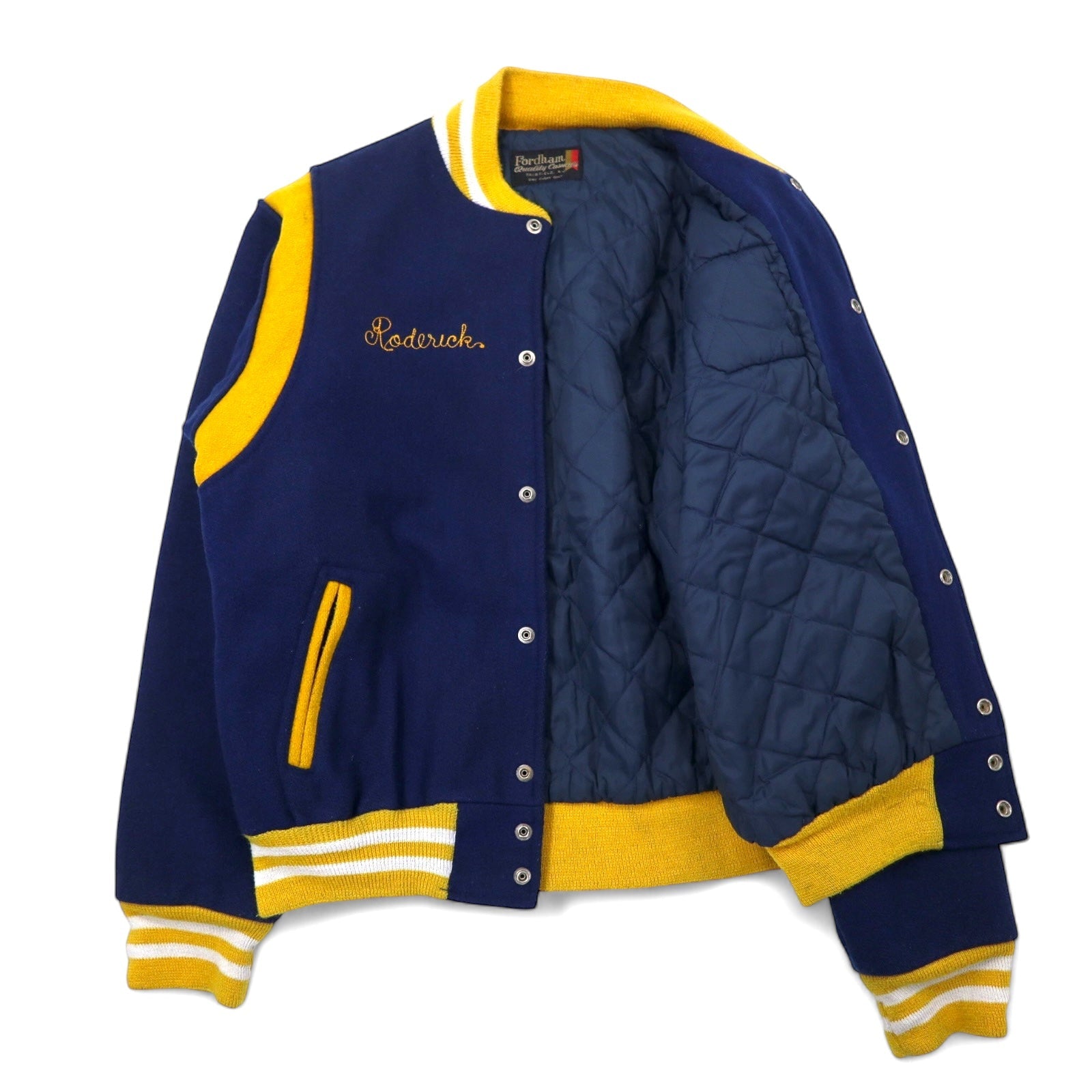 Giacca bomber/college Fordham anni '80, taglia XL, in lana navy, BRADWELL BAND, tigre