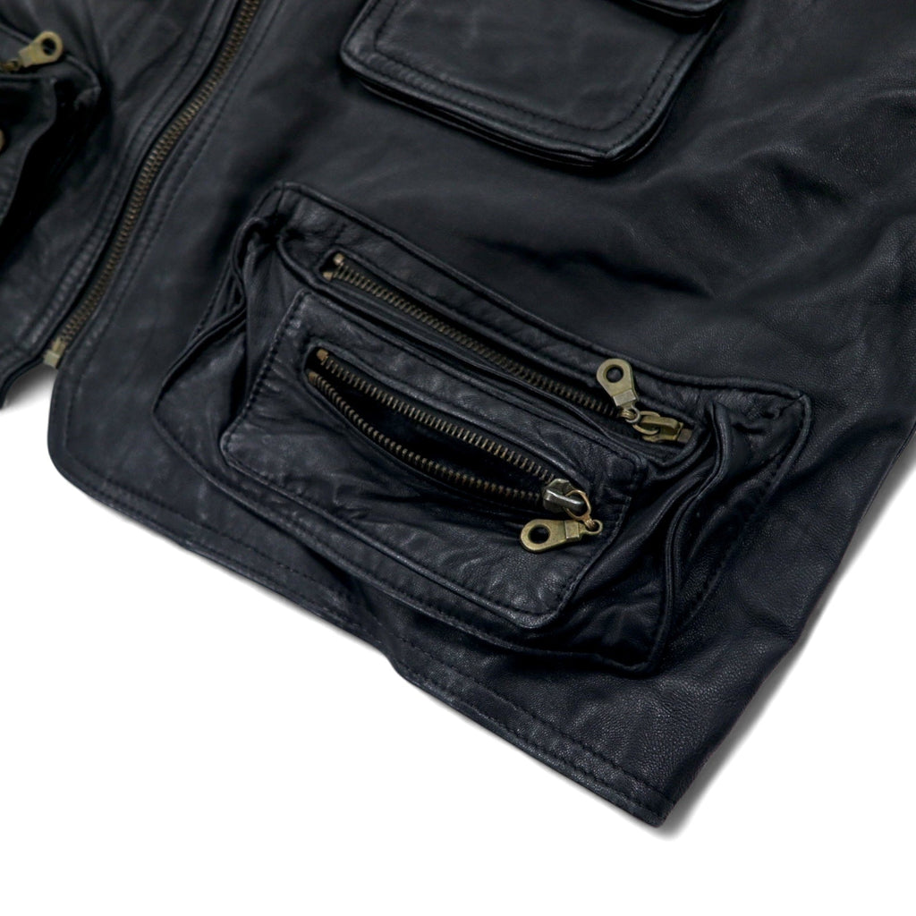 Gilet da caccia vintage in pelle, taglia L, nero, con cerniera lampo