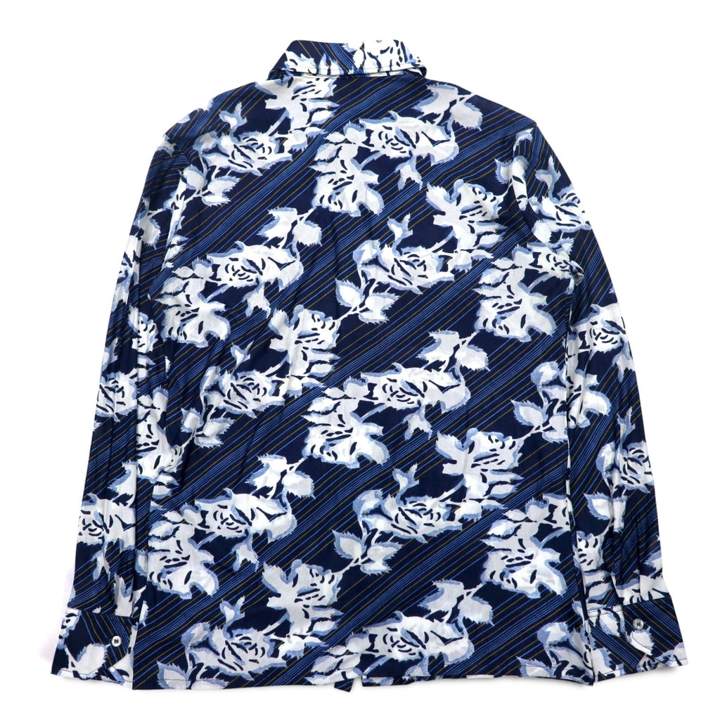 Sears 70年代 カナダ製 ロングカラー 総柄シャツ ポリシャツ L ネイビー 花柄 衿芯 CHEMISE SPORT