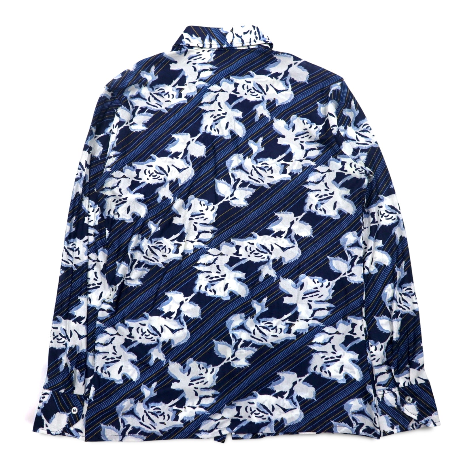 Sears 70年代 カナダ製 ロングカラー 総柄シャツ ポリシャツ L ネイビー 花柄 衿芯 CHEMISE SPORT