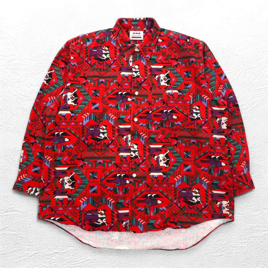 Vintage Japan Made Retro Shirt CALICO BALL ネイティブ柄 シャツ FREE レッド 日本製