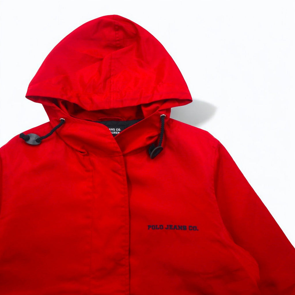 POLO JEANS CO. RALPH LAUREN Giacca con cappuccio in nylon anni '90 S rossa con imbottitura e fodera trapuntata