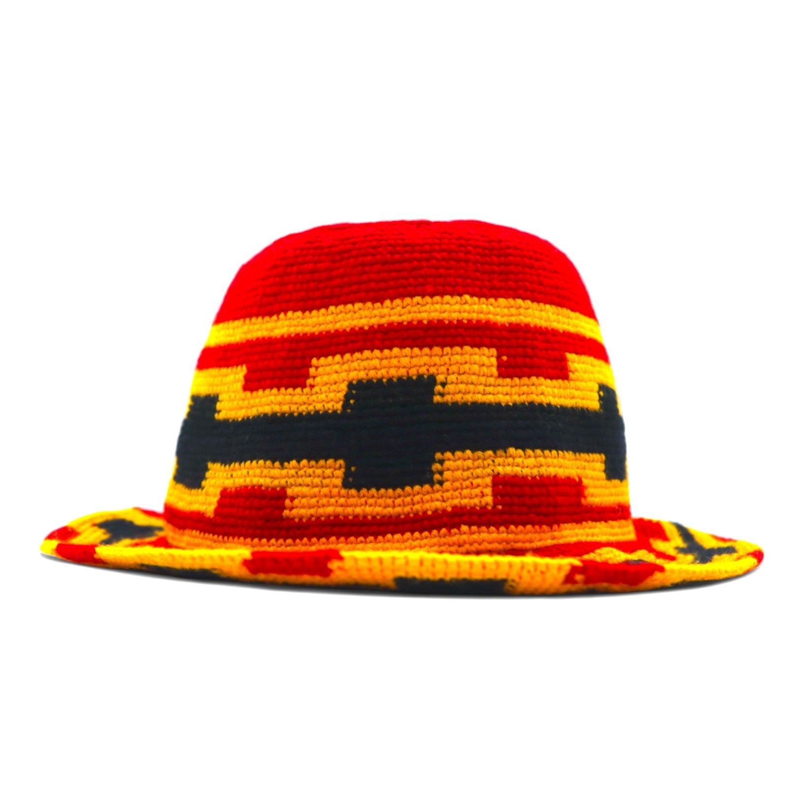Cappello a secchiello vintage, cappello all'uncinetto, TAGLIA UNICA, rosso, giallo, cotone, lana