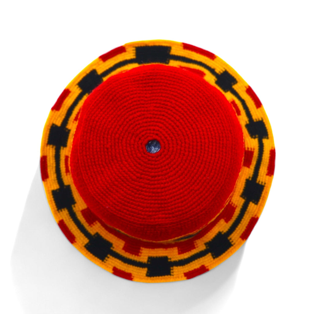 Cappello a secchiello vintage, cappello all'uncinetto, TAGLIA UNICA, rosso, giallo, cotone, lana