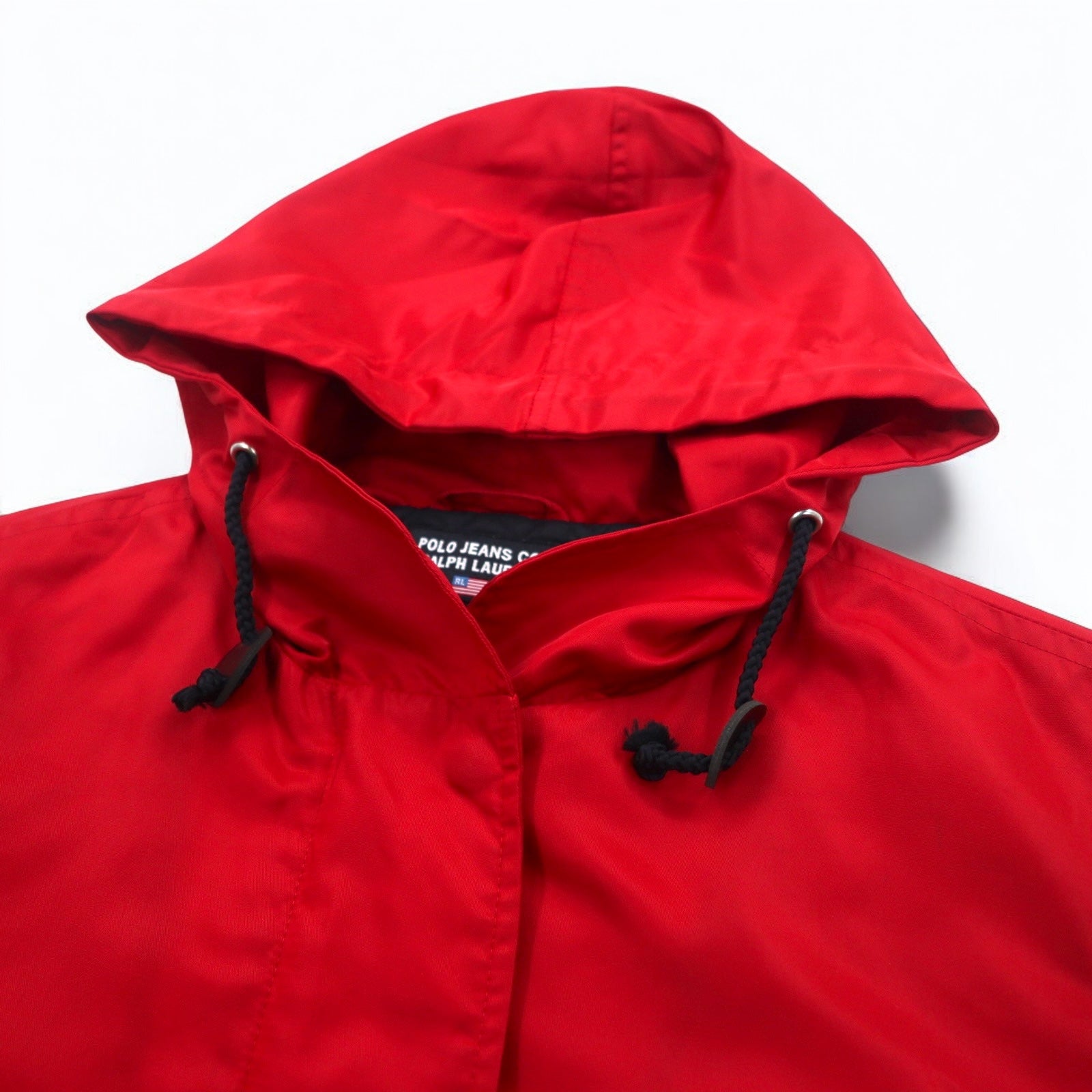 POLO JEANS CO. RALPH LAUREN Giacca con cappuccio in nylon anni '90 S rossa con imbottitura e fodera trapuntata