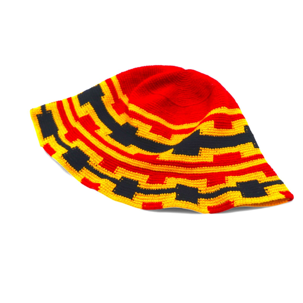 Cappello a secchiello vintage, cappello all'uncinetto, TAGLIA UNICA, rosso, giallo, cotone, lana