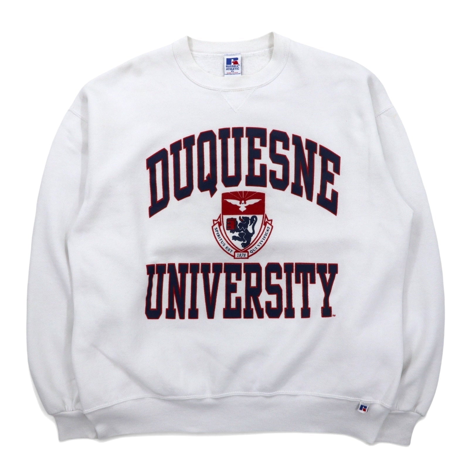 USA製 90s RUSSELL ATHLETIC Felpa Stampa College XL Bianca Cotone Logo ad Arco Stampa a Tre Livelli DUQUESNE UNIVERSITY