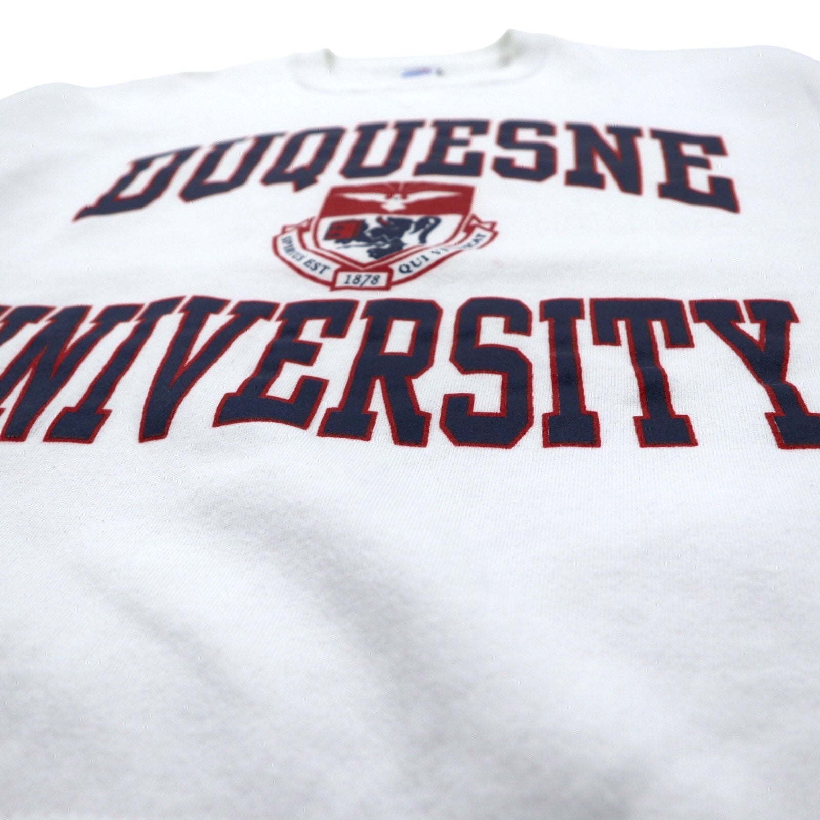 USA製 90s RUSSELL ATHLETIC Felpa Stampa College XL Bianca Cotone Logo ad Arco Stampa a Tre Livelli DUQUESNE UNIVERSITY