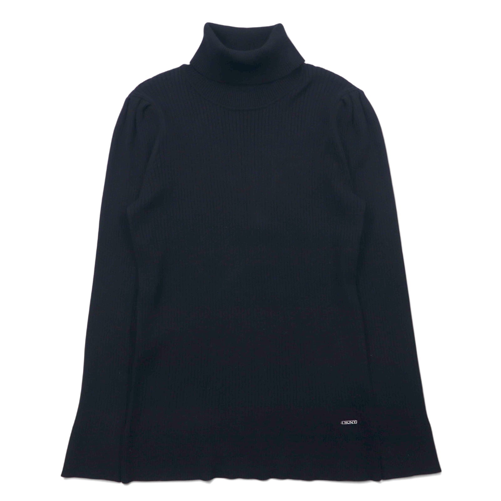 DKNY Maglione dolcevita a costine, taglia L, nero, viscosa, con targhetta logo