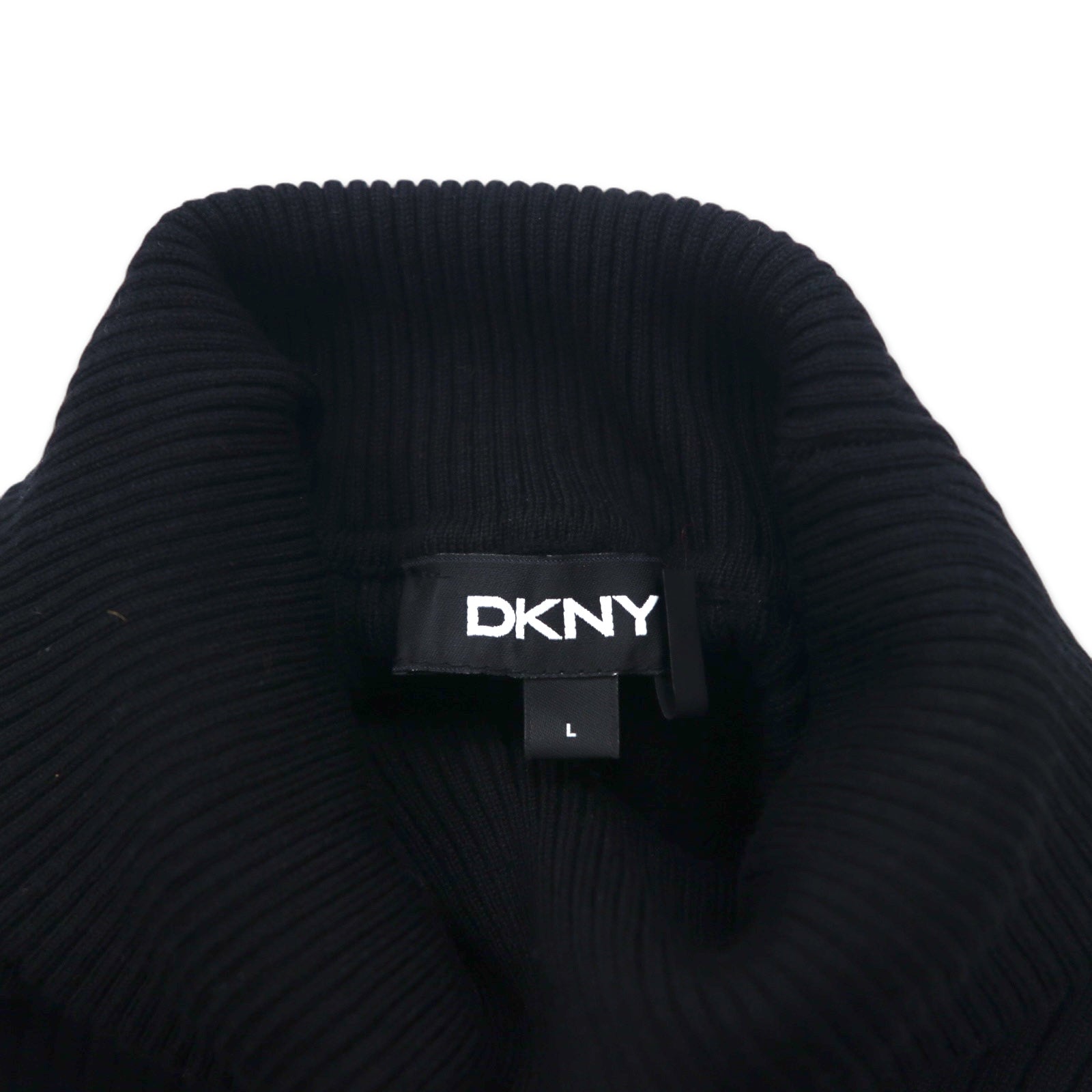 DKNY Maglione dolcevita a costine, taglia L, nero, viscosa, con targhetta logo