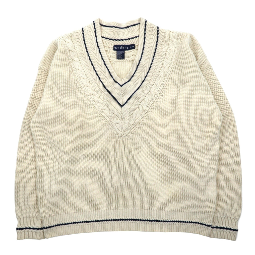 nautica Anni '90 Maglione Tilden Scollo a V L Crema Cotone A Treccia