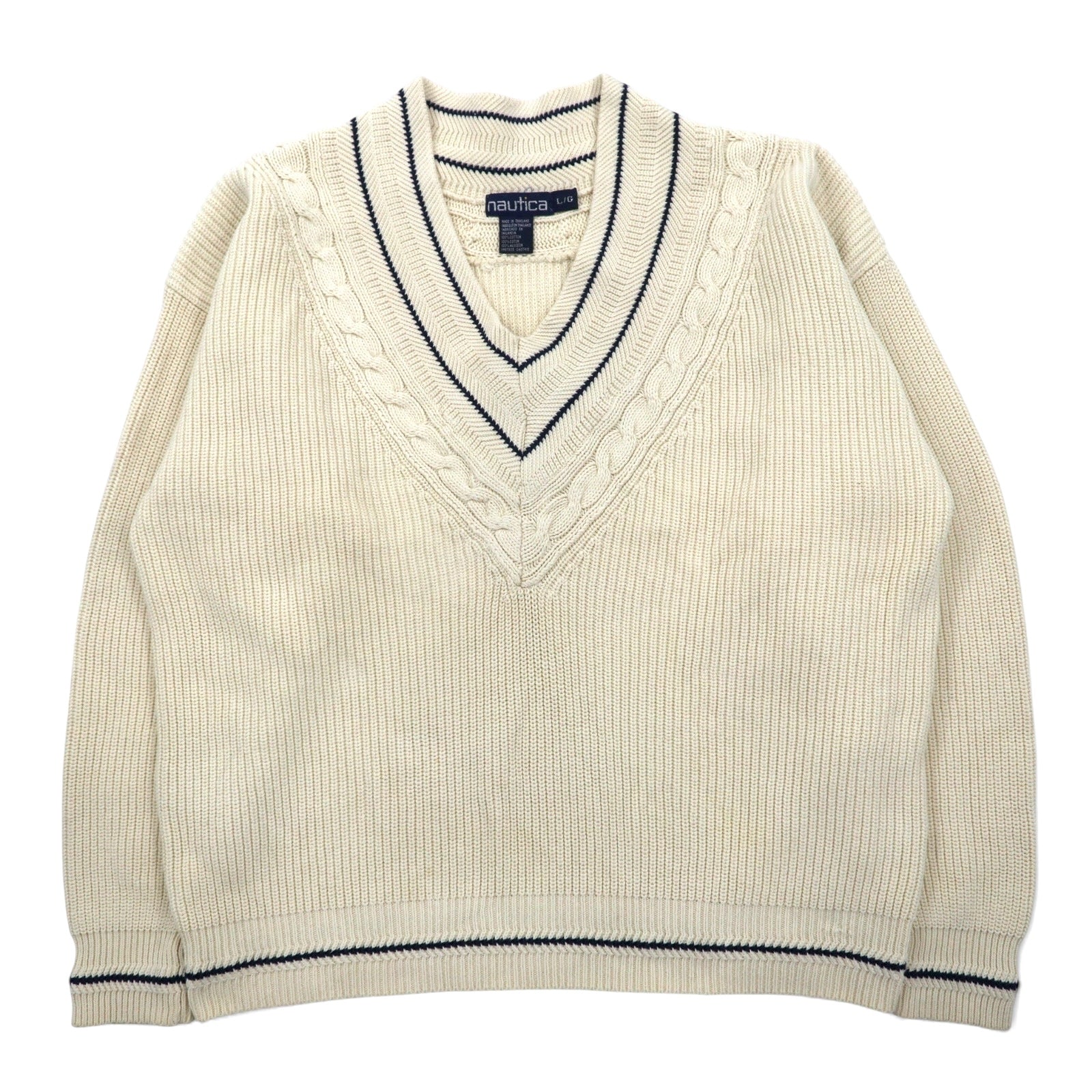 nautica Anni '90 Maglione Tilden Scollo a V L Crema Cotone A Treccia