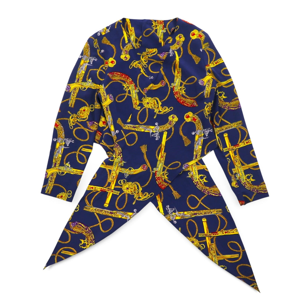 Blusa vintage anni '90 retrò, camicia crop con nodo frontale, blusa retrò taglia M, blu navy, bottoni posteriori, bottoni dorati, stampa sciarpa all-over, orlo con nodo.