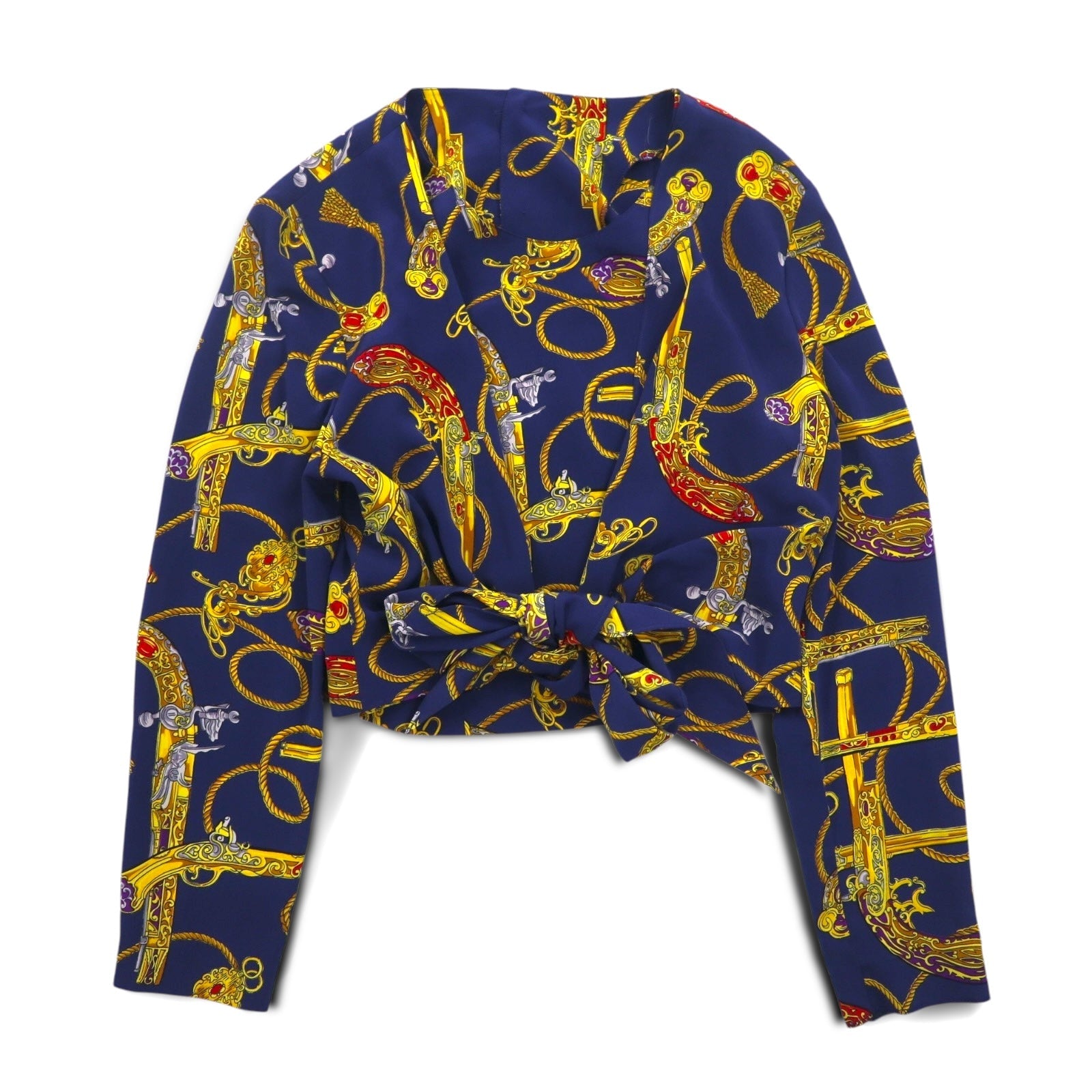 Blusa vintage anni '90 retrò, camicia crop con nodo frontale, blusa retrò taglia M, blu navy, bottoni posteriori, bottoni dorati, stampa sciarpa all-over, orlo con nodo.