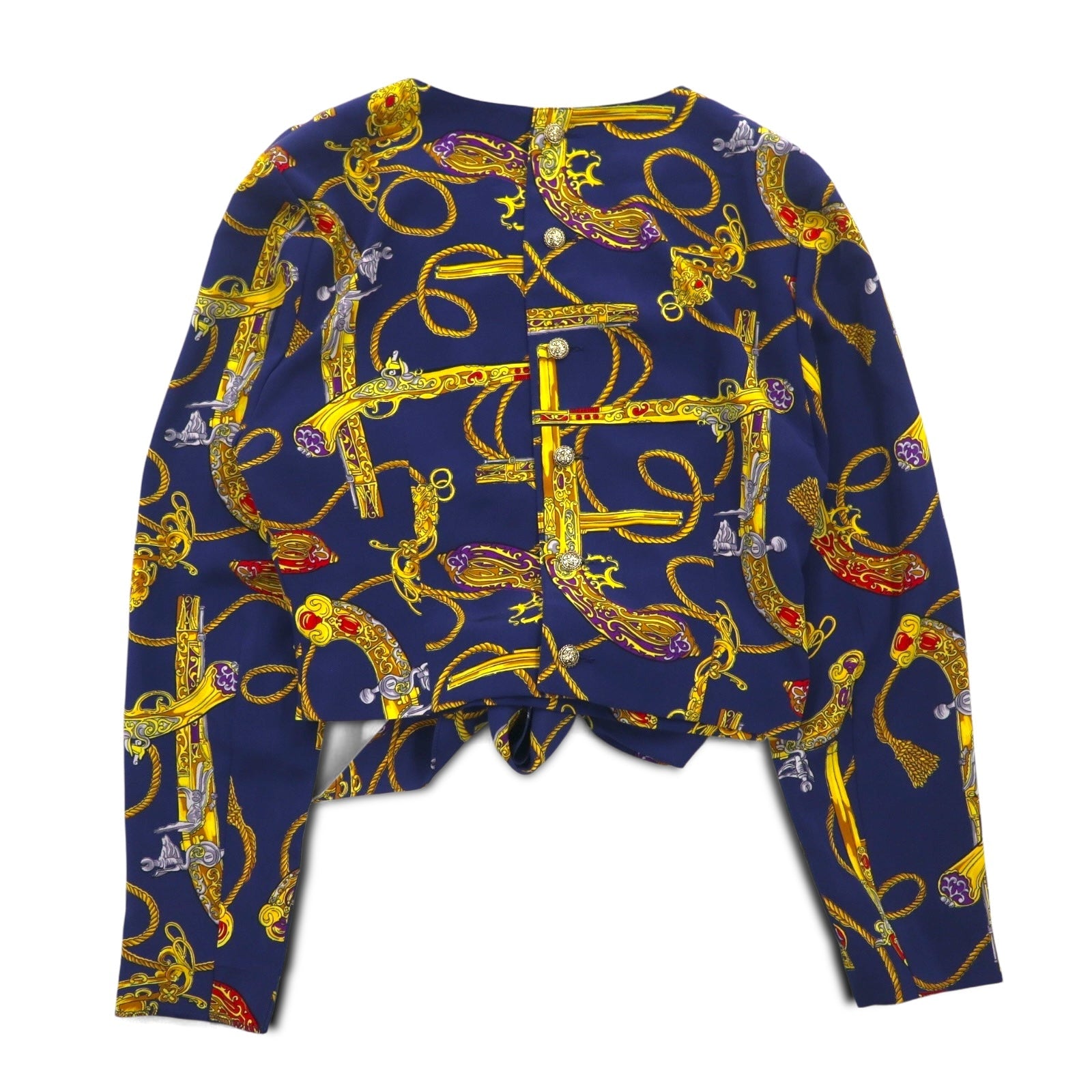 Blusa vintage anni '90 retrò, camicia crop con nodo frontale, blusa retrò taglia M, blu navy, bottoni posteriori, bottoni dorati, stampa sciarpa all-over, orlo con nodo.