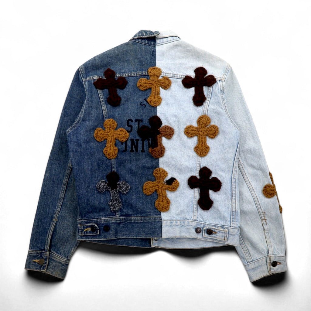 Y.A.R.N. × 90s Lee Riders Giacca in denim ricostruita, rielaborata, in maglia incrociata, taglia M, fatta a mano