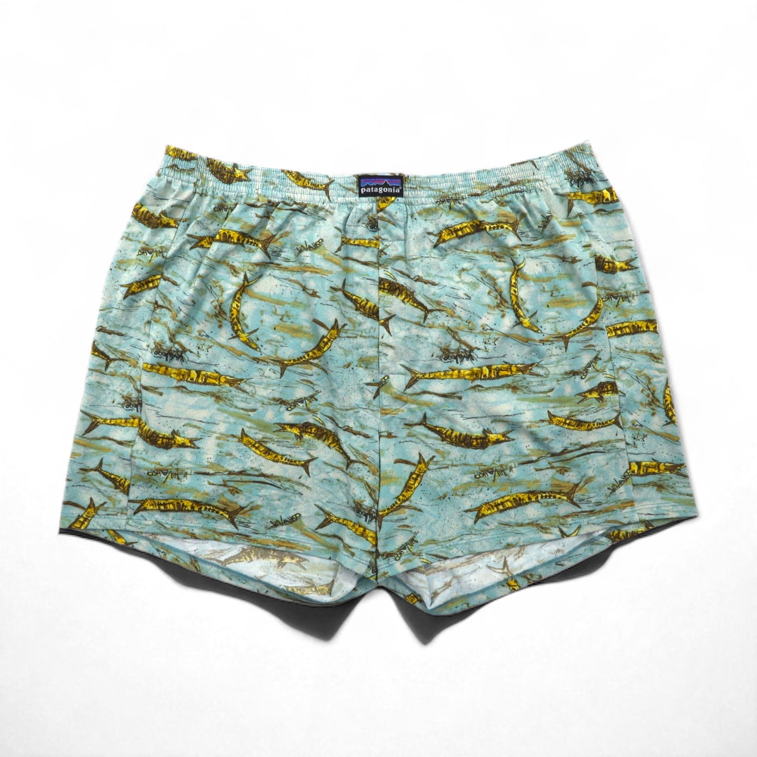 Patagonia anni 2000 USA Capilene Boxer Pantaloncini taglia L fantasia blu pesce 45111