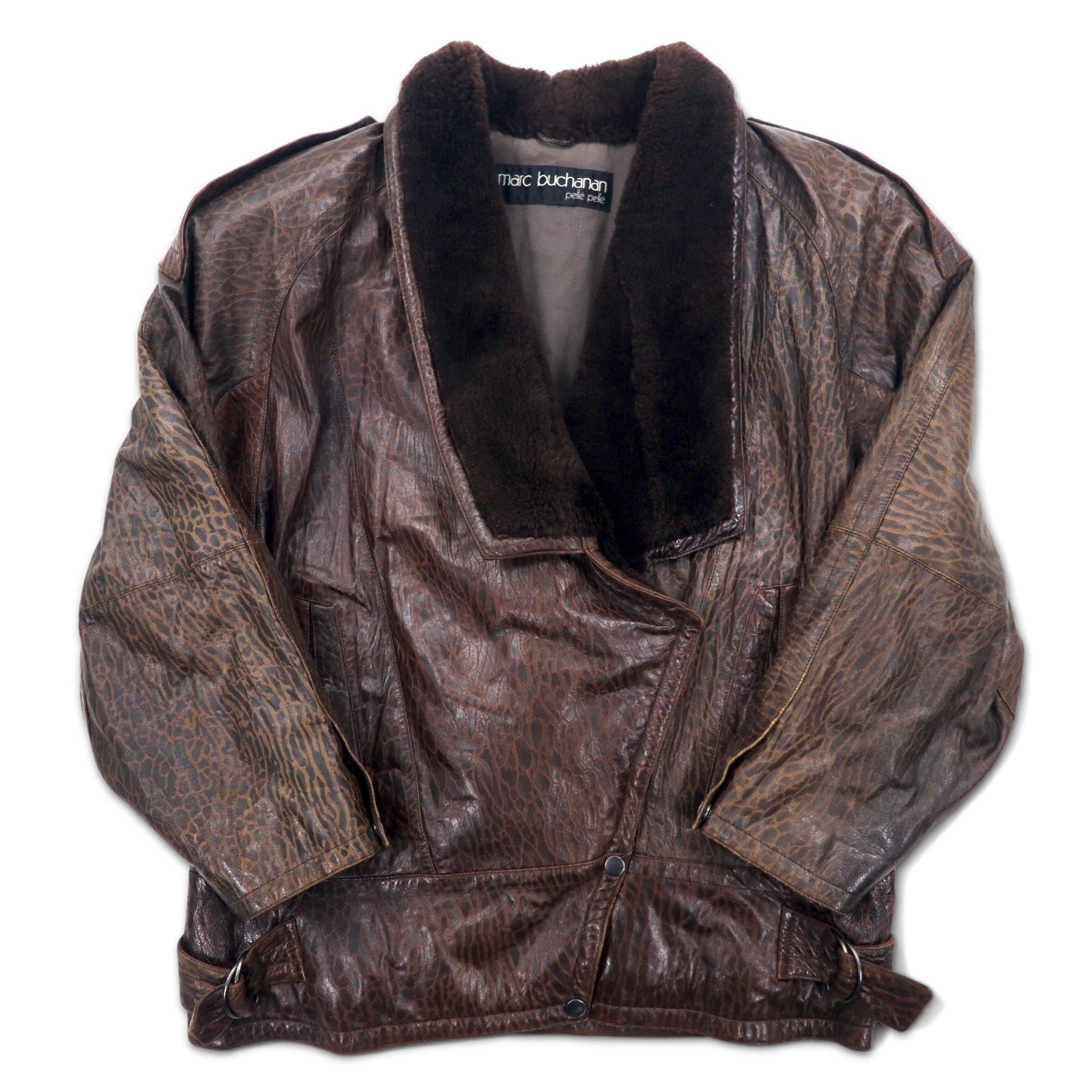 Marc Buchanan Pelle Pelle Pelle Pelle giacca in pelle con collo a scialle, taglia L, marrone, in pelle con colletto in pelliccia sintetica ed epaulette.