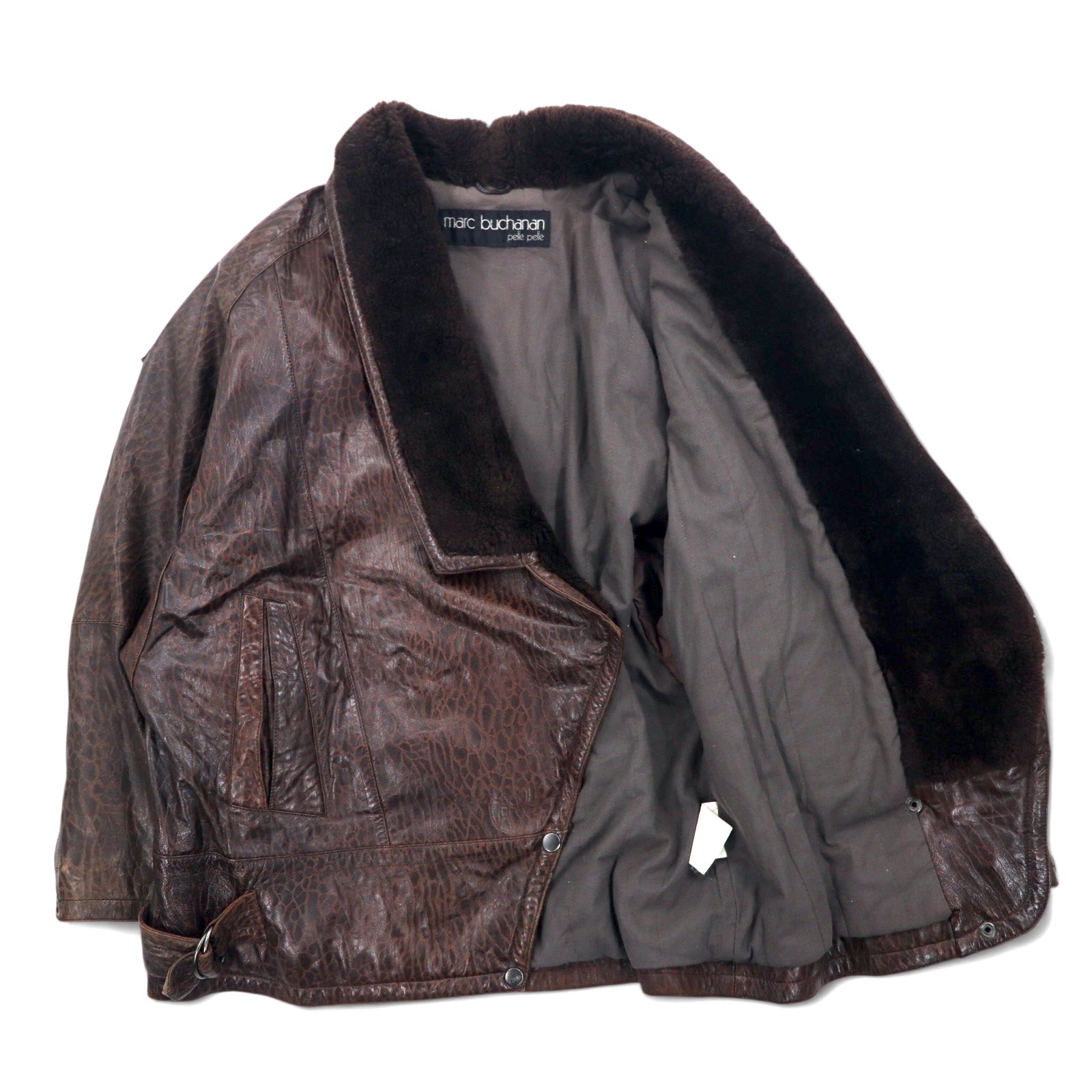 Marc Buchanan Pelle Pelle Pelle Pelle giacca in pelle con collo a scialle, taglia L, marrone, in pelle con colletto in pelliccia sintetica ed epaulette.