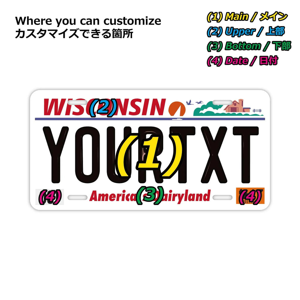 Targa personalizzata a rilievo [Grande, per auto americane] Wisconsin / Targa originale americana a rilievo insegna decorativa