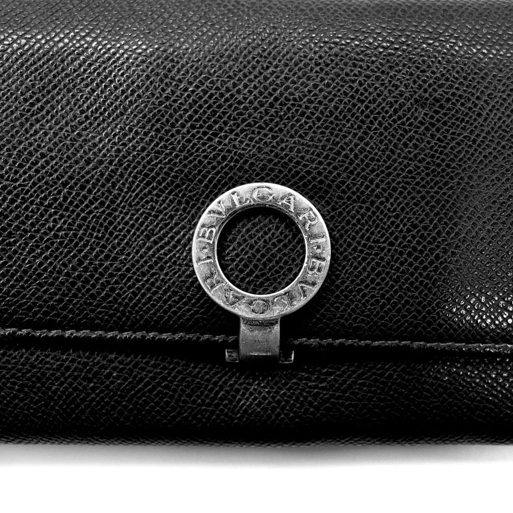 BVLGARI Portafoglio lungo nero, pelle goffrata, clip con logo Clip Large Wallet Made in Italy