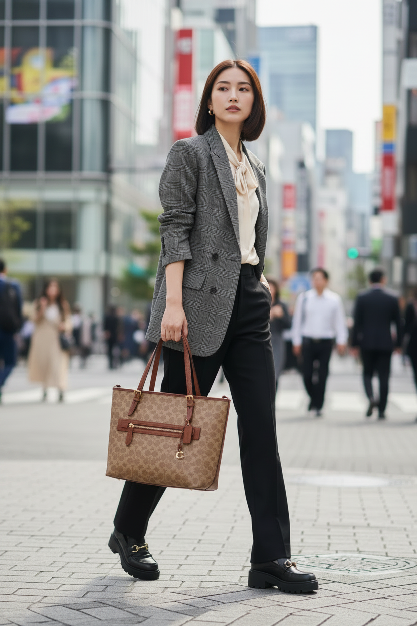 COACHトートバッグを持って颯爽と歩く若い女性