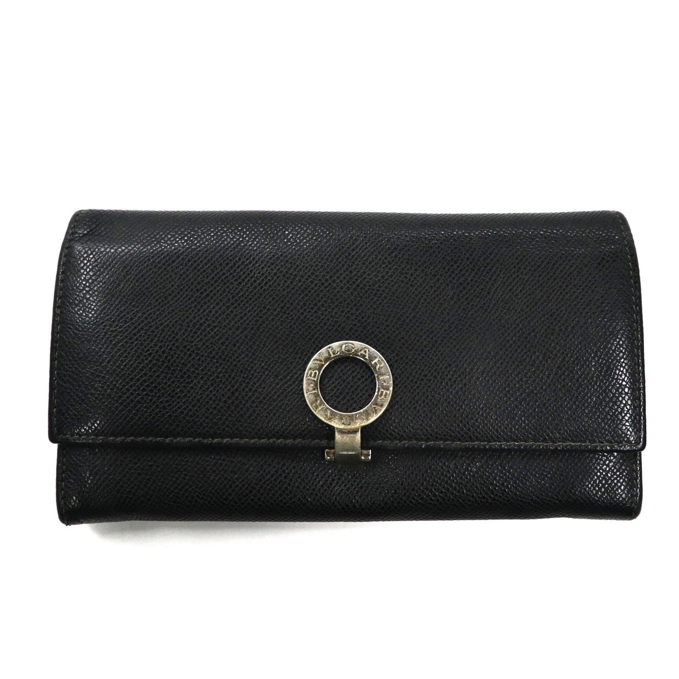 BVLGARI Portafoglio lungo nero, pelle goffrata, clip con logo Clip Large Wallet Made in Italy