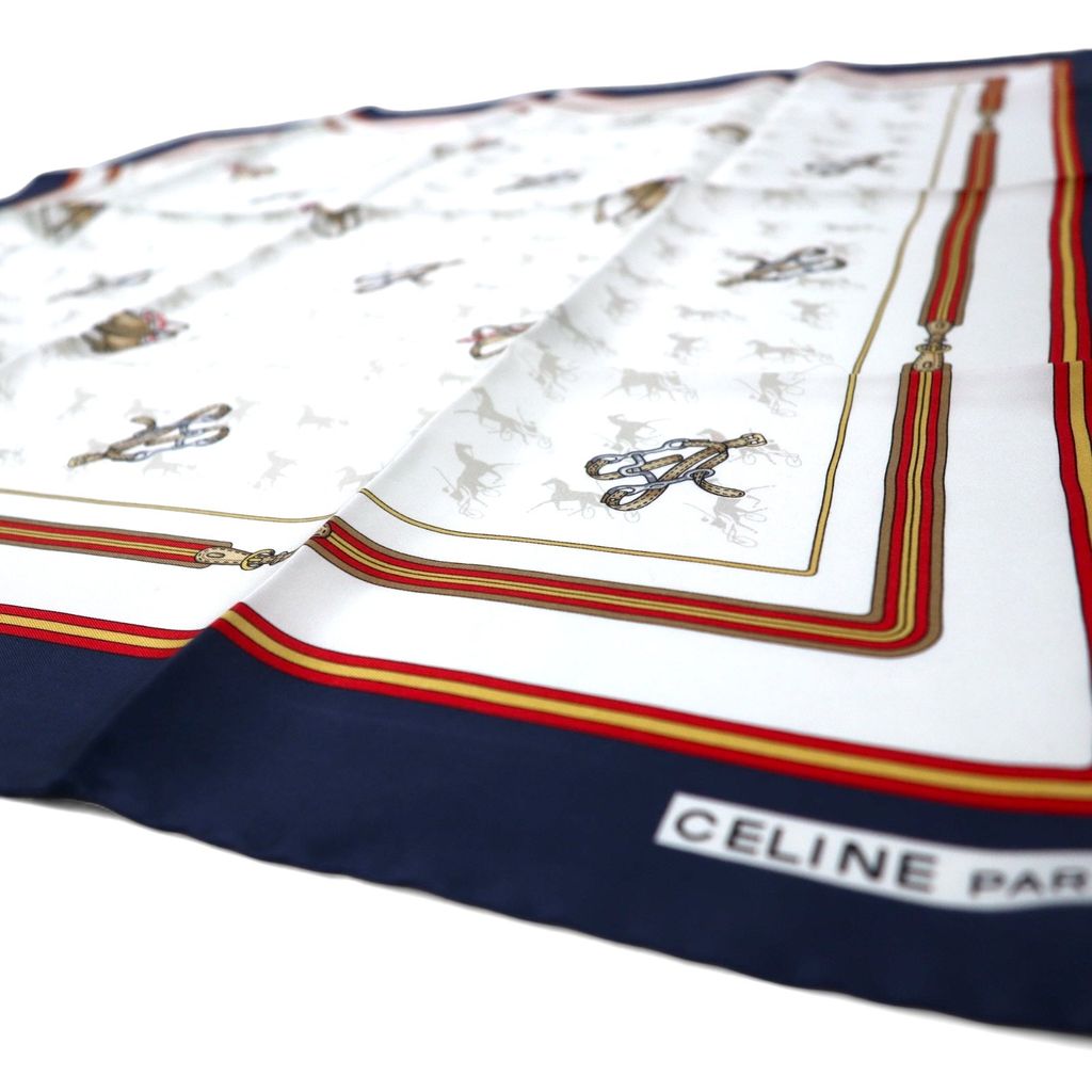 CELINE Sciarpa vintage Made in Italy blu navy bianca in seta fantasia equestre a tutto campo, mai usata.