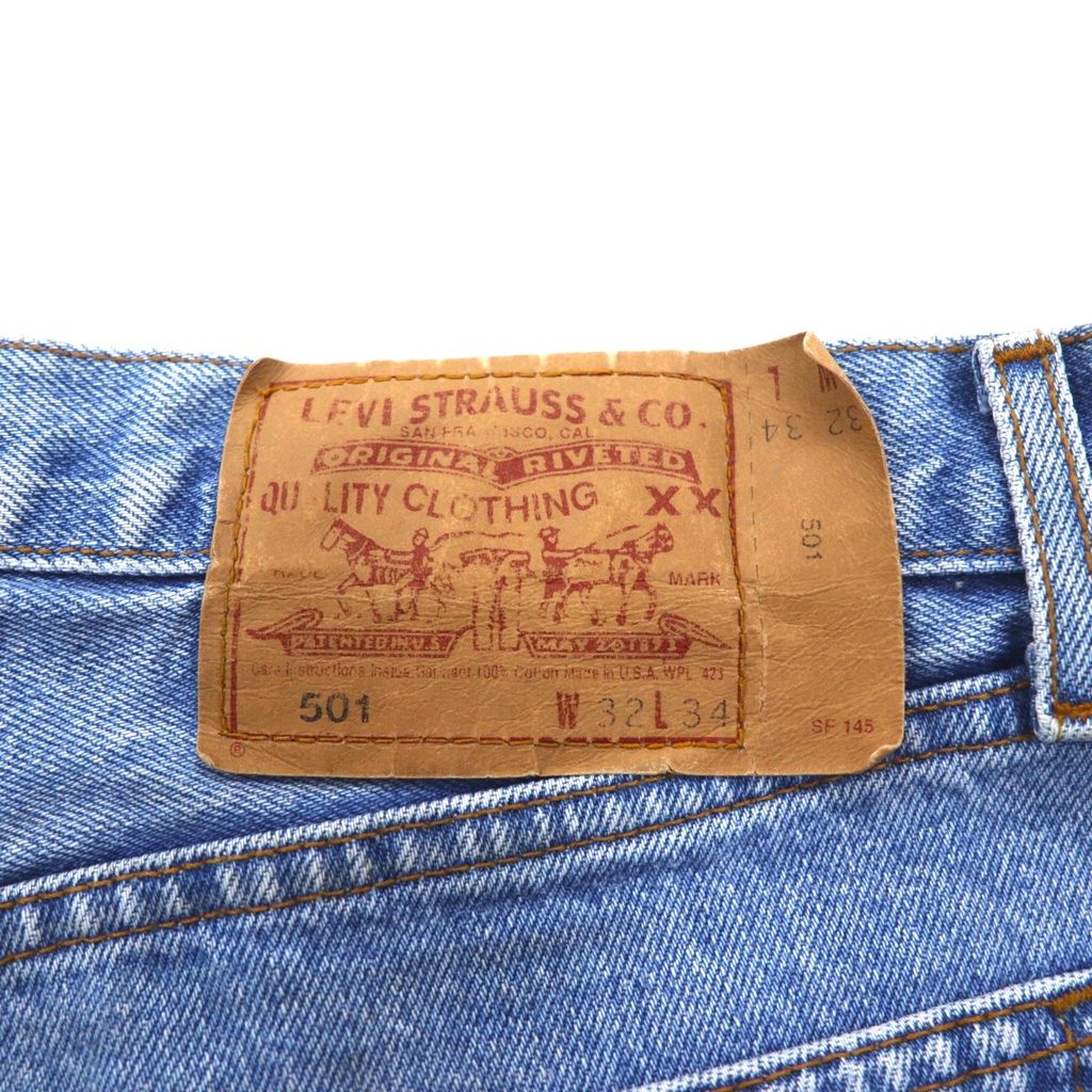 Levi's anni '90 USA 501 jeans in denim, taglia 32, blu, cotone, chiusura a bottoni, numero bottone 524, 501-0125