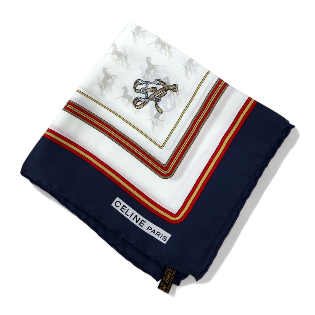 CELINE Sciarpa vintage Made in Italy blu navy bianca in seta fantasia equestre a tutto campo, mai usata.