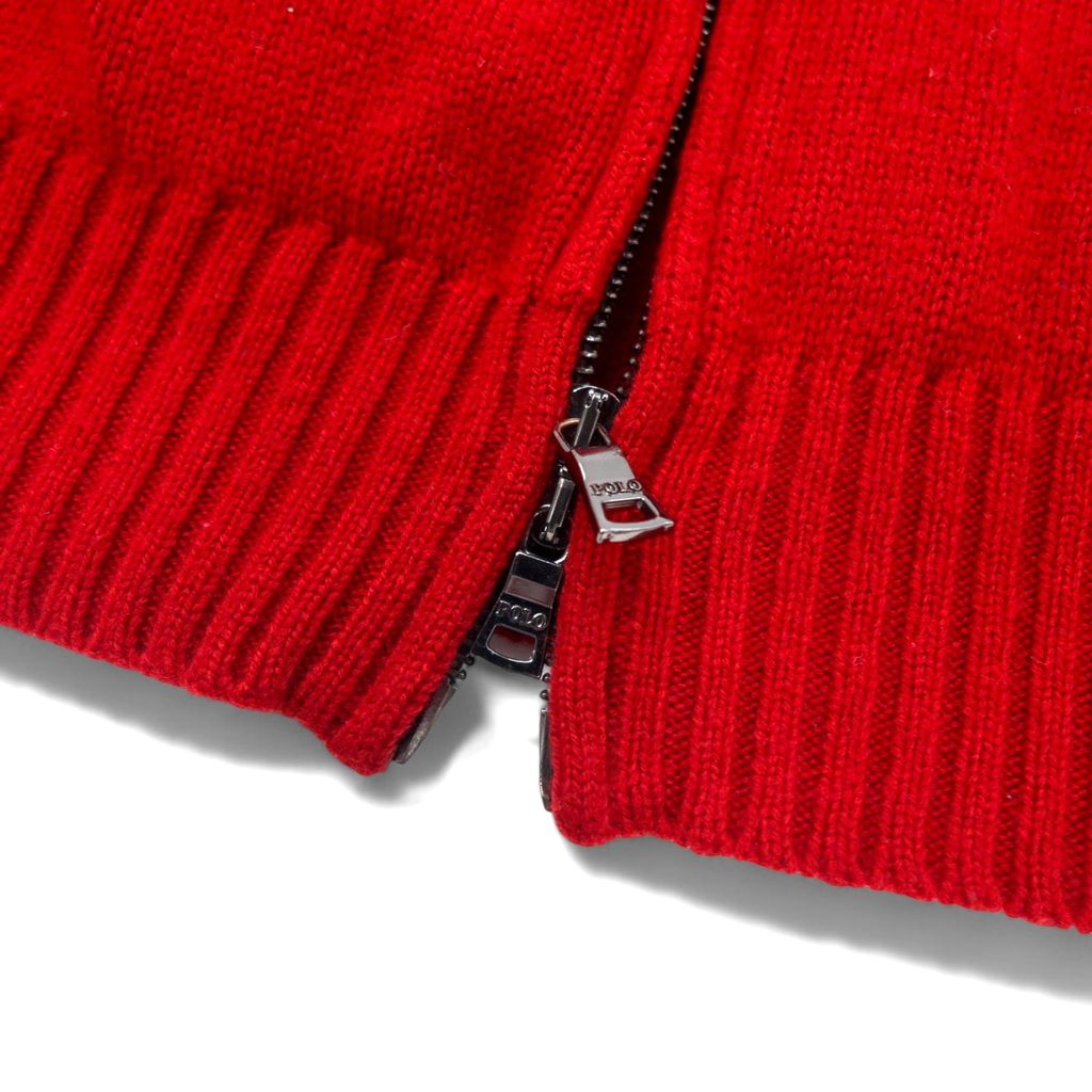 Polo by Ralph Lauren anni '90 maglione full-zip Big Pony maglia cardigan giacca L rosso lana d'agnello righe laterali doppia cerniera SUISSE RL 1934 PC